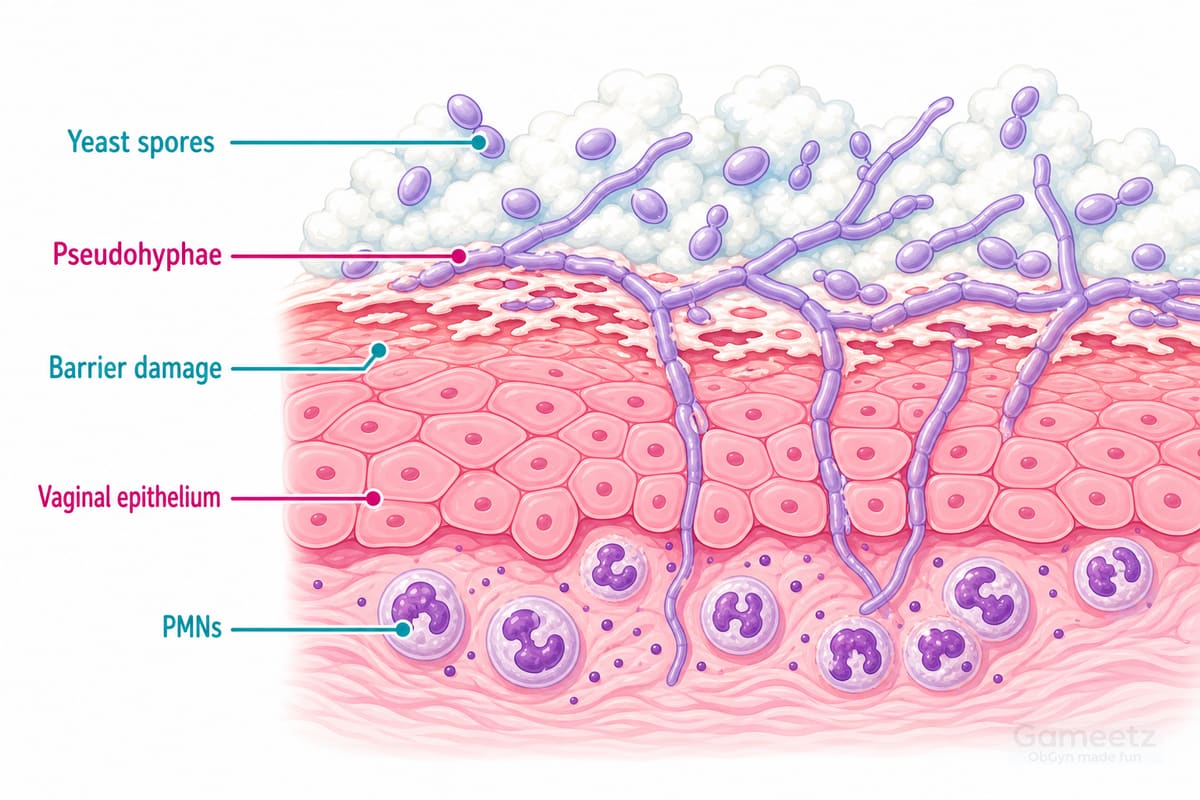Vulvovaginal candidiasis pathology with yeast spores, pseudohyphae, epithelial barrier damage and PMNs