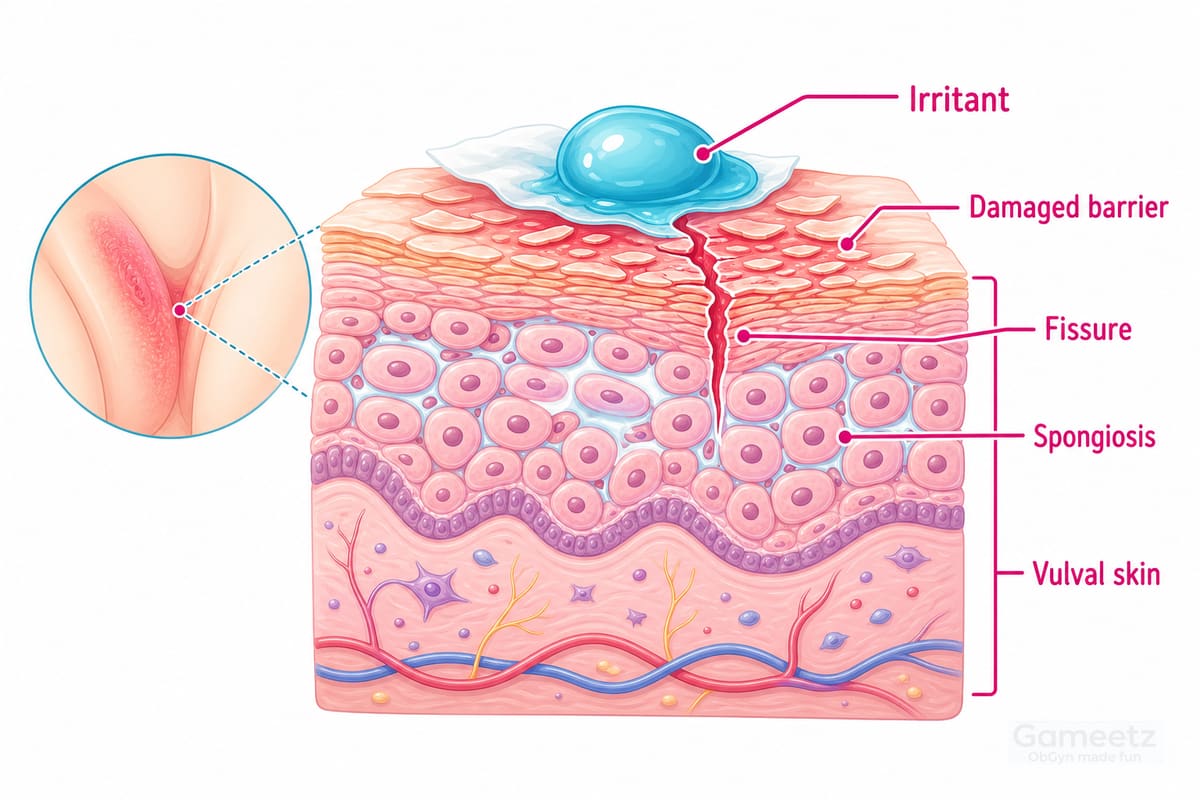 Irritant contact dermatitis barrier injury with damaged barrier, spongiosis and fissure