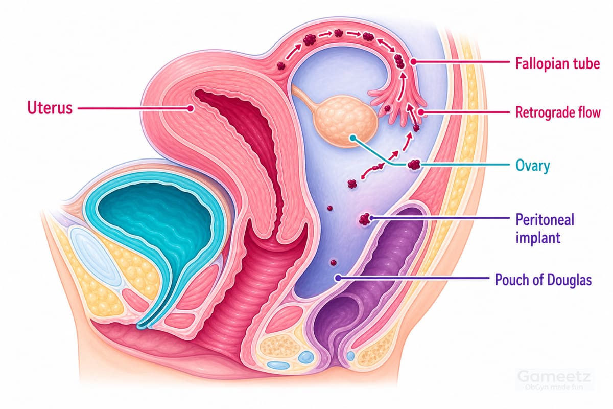 Retrograde menstrual flow carrying endometrial fragments through the fallopian tubes to pelvic peritoneal implants and the pouch of Douglas