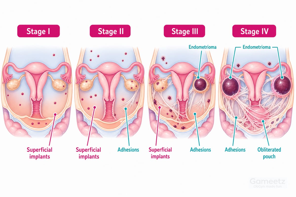 rASRM stages showing progression from superficial implants to endometriomas, adhesions and obliterated pouch of Douglas