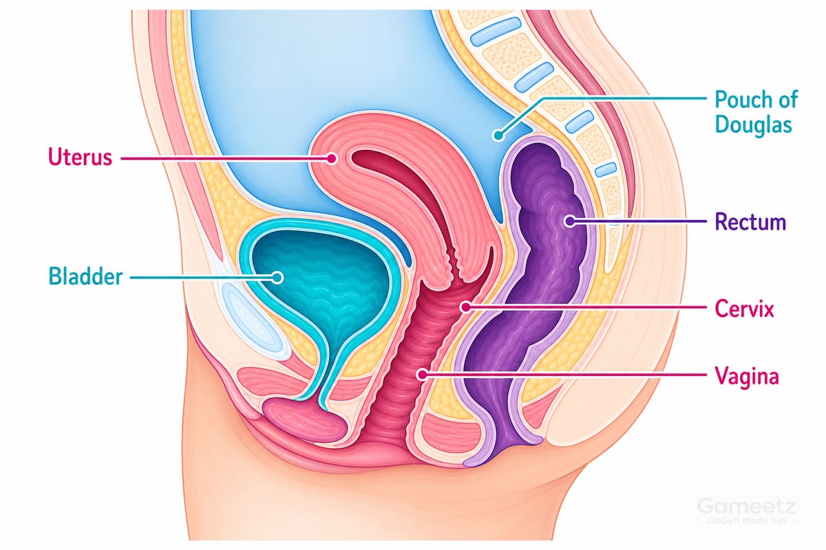 Sagittal section of the female pelvis showing uterus, bladder, rectum, vagina, cervix and pouch of Douglas