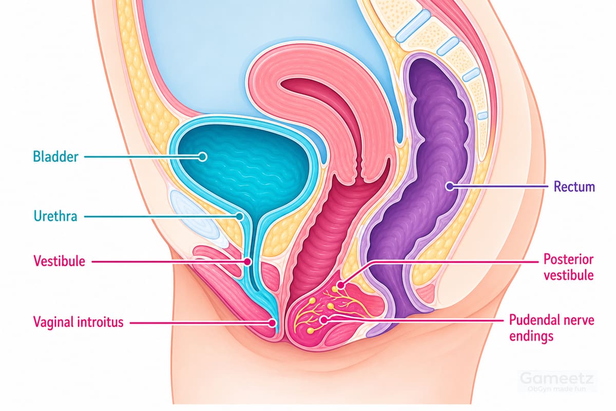 Sagittal vestibule anatomy with urethra, introitus, posterior vestibule and pudendal nerve endings