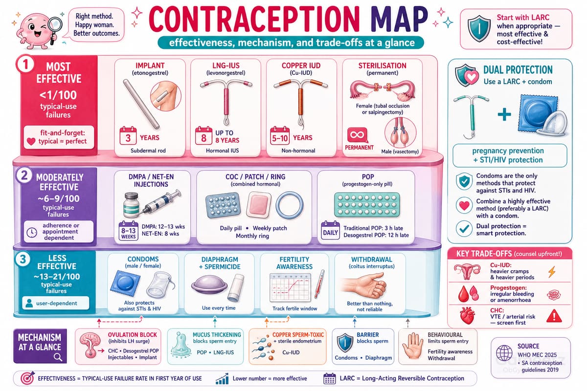 Contraception map comparing effectiveness mechanisms and trade offs