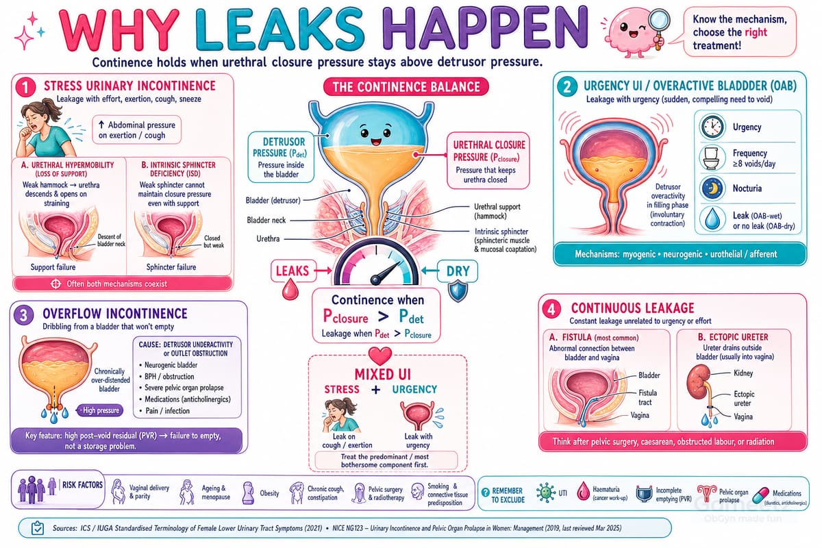 Why urinary leakage happens - stress urgency overflow and continuous incontinence and the continence balance
