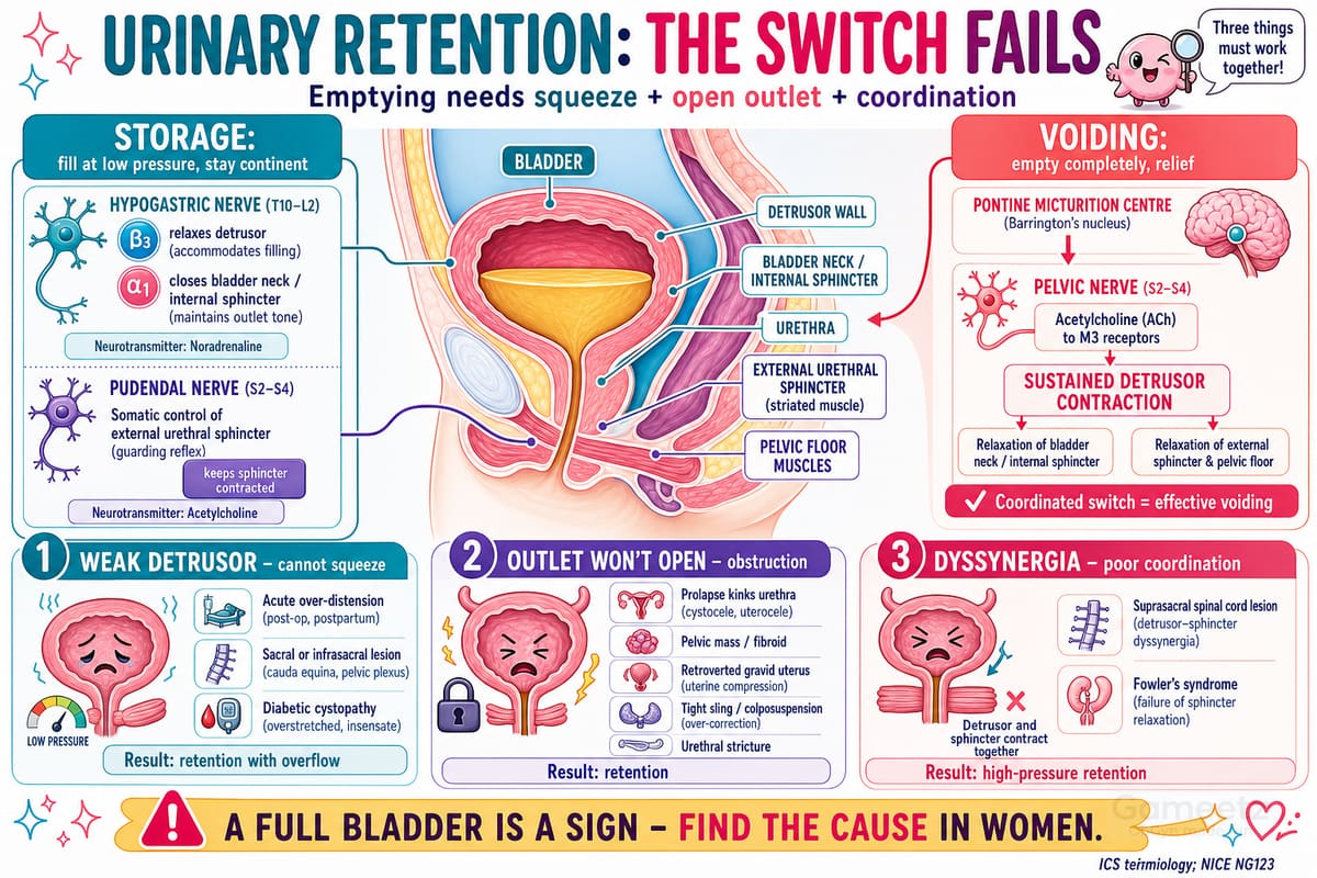 Normal micturition as a storage-voiding switch and the three ways emptying fails
