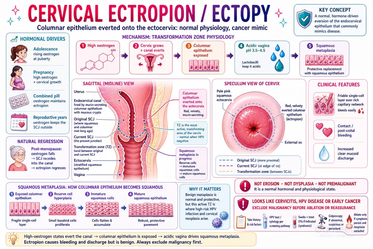 Cervical ectropion/ectopy: hormone-driven eversion of columnar epithel