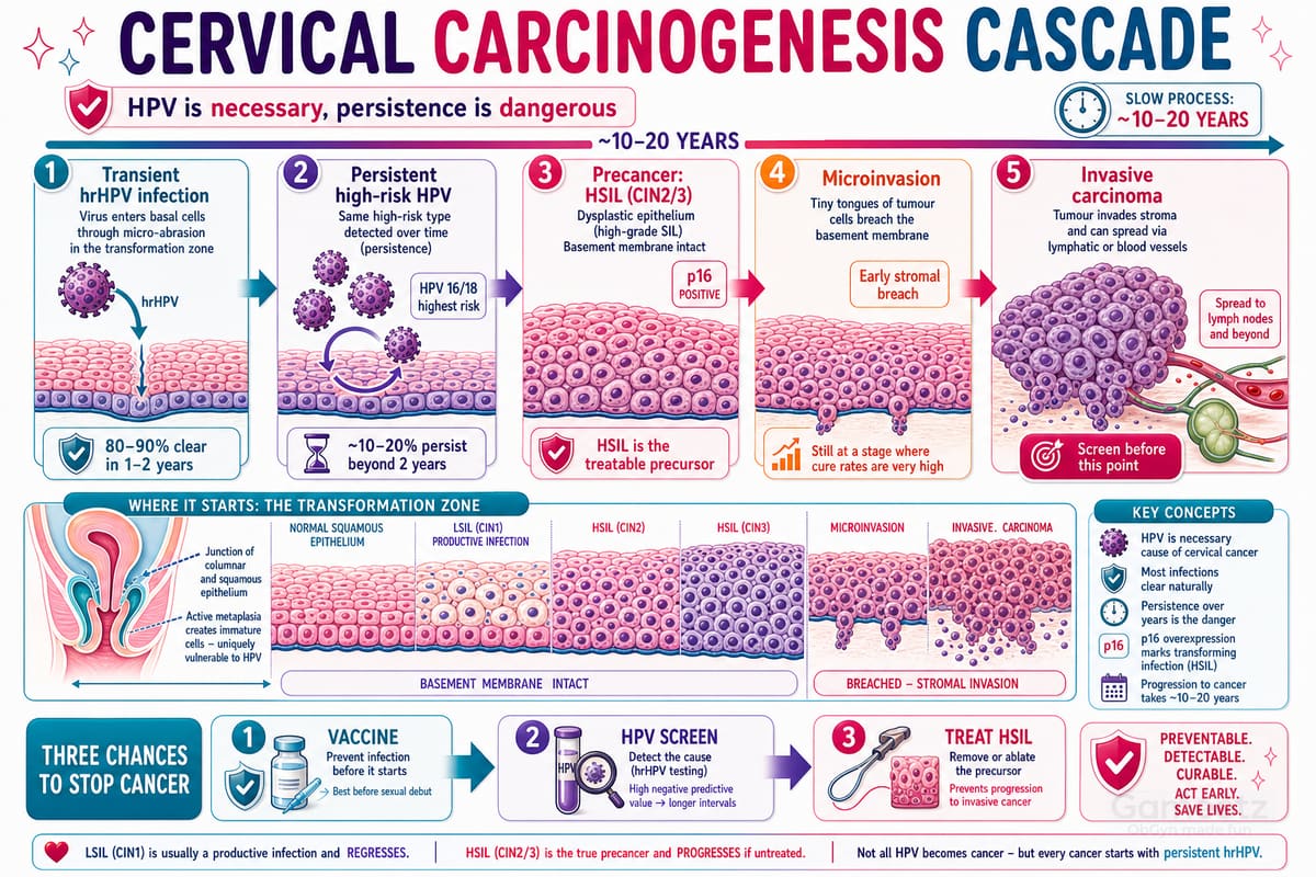 The cervical carcinogenesis cascade: transient HPV → persistence → HSI