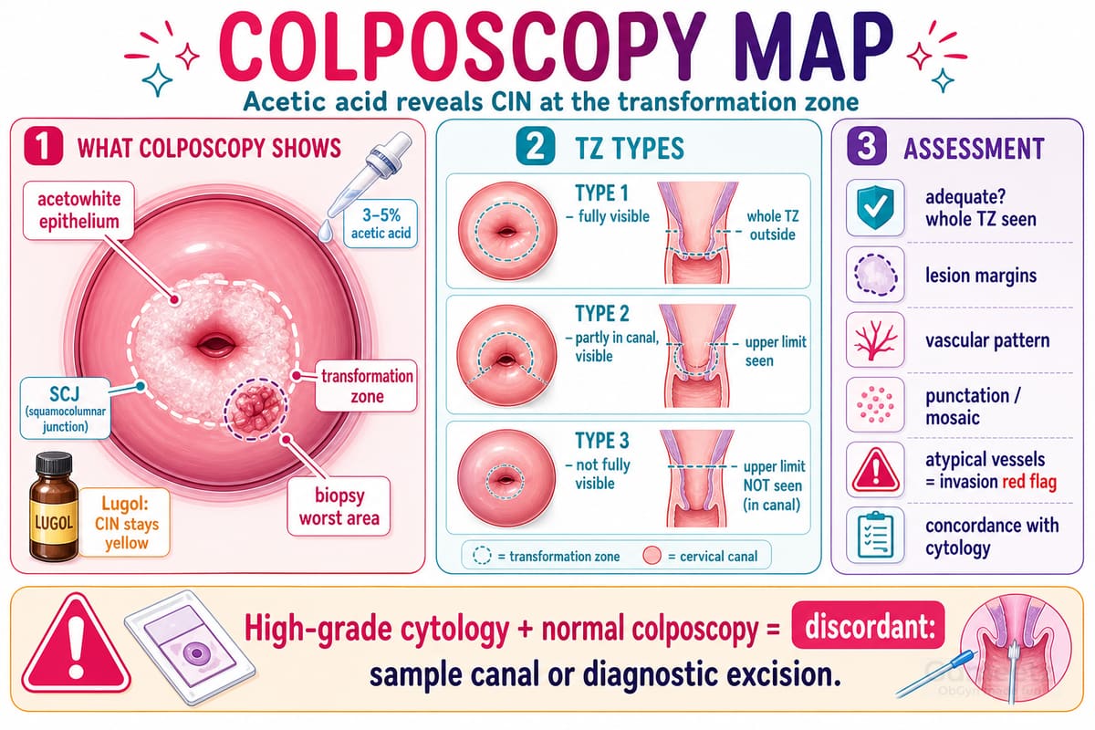 Colposcopy: acetowhite change at the transformation zone, TZ Types 1–3