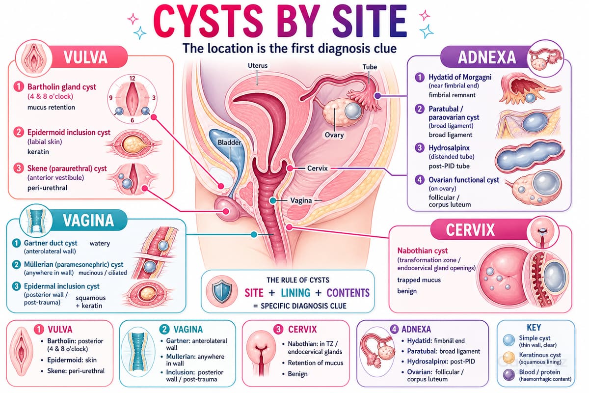 Genital-tract cysts by site: vulva (Bartholin, epidermoid, Skene), vag
