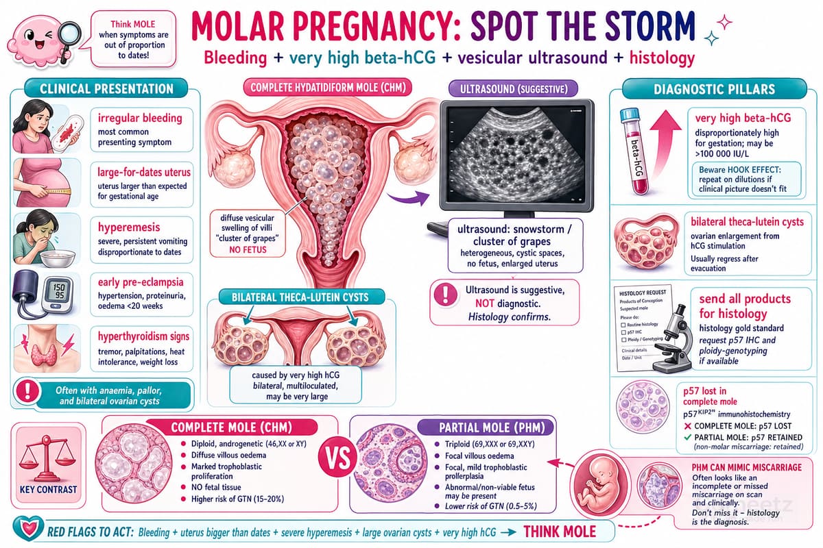 Molar pregnancy: the clinical clues (bleeding, large-for-dates uterus,