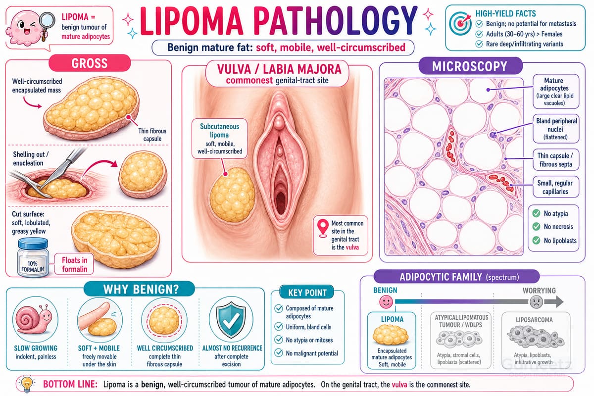 Lipoma pathology: a benign, soft, well-circumscribed tumour of mature 