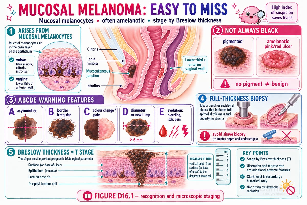 Mucosal melanoma, easy to miss: arises from mucosal melanocytes, often
