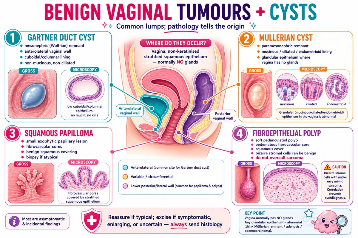Benign vaginal tumours and cysts: Gartner duct, Müllerian, squamous pa