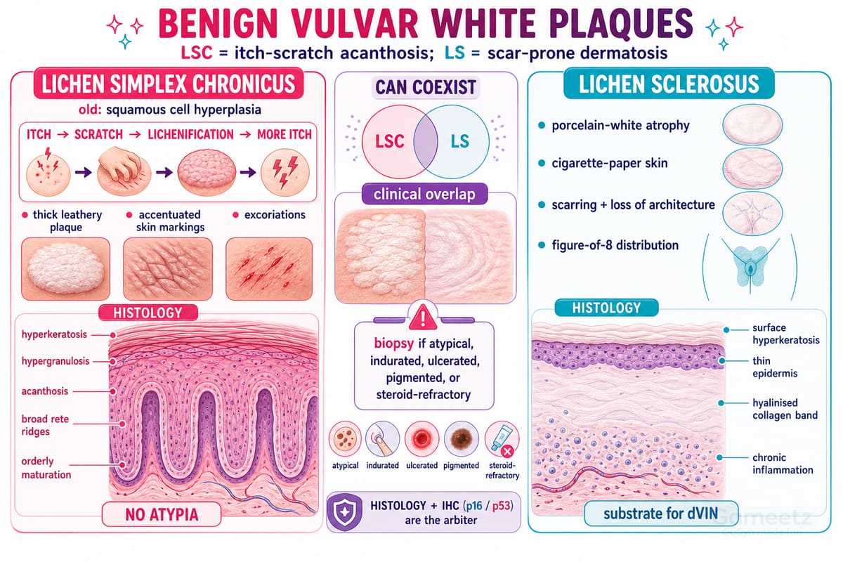 Benign vulvar white plaques: lichen simplex chronicus (itch-scratch cy