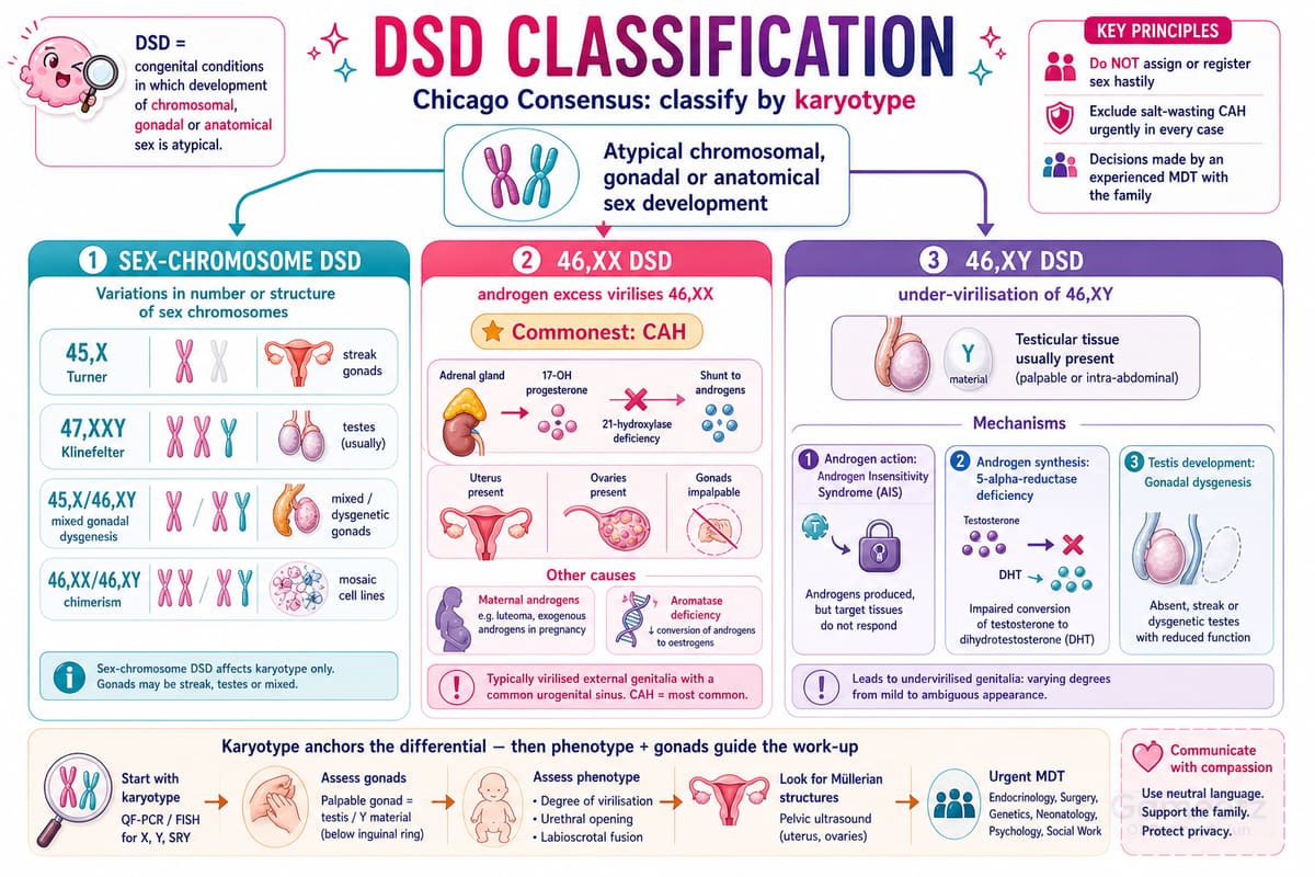The DSD classification (Chicago Consensus), anchored on karyotype: sex