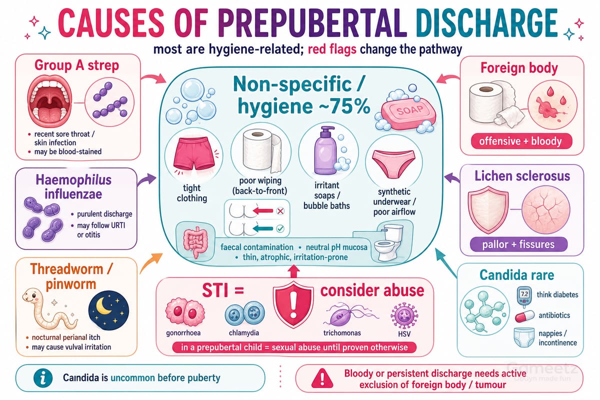 Causes of prepubertal vaginal discharge: ~75% non-specific/hygiene-rel