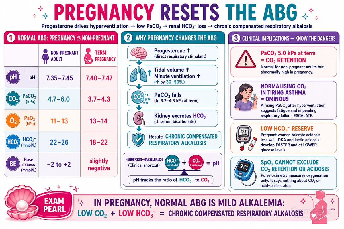 Infographic on how pregnancy resets the ABG — progesterone-driven hyperventilation, low PaCO2, renal HCO3 loss, chronic compensated respiratory alkalosis, and the clinical dangers