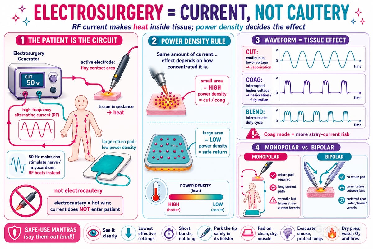 Infographic explaining electrosurgery as current not cautery — the patient is the circuit, power density decides the effect, waveform decides tissue effect, monopolar versus bipolar