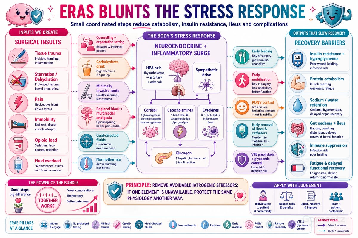 Infographic showing ERAS elements each blunting one input to, or counteracting one output of, the surgical neuroendocrine-inflammatory stress response
