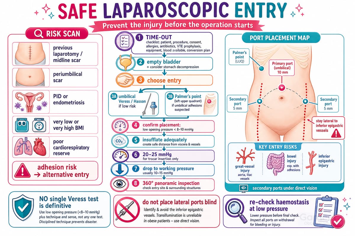 Safe laparoscopic entry — risk scan, time-out, entry choice, port-placement map and key entry risks