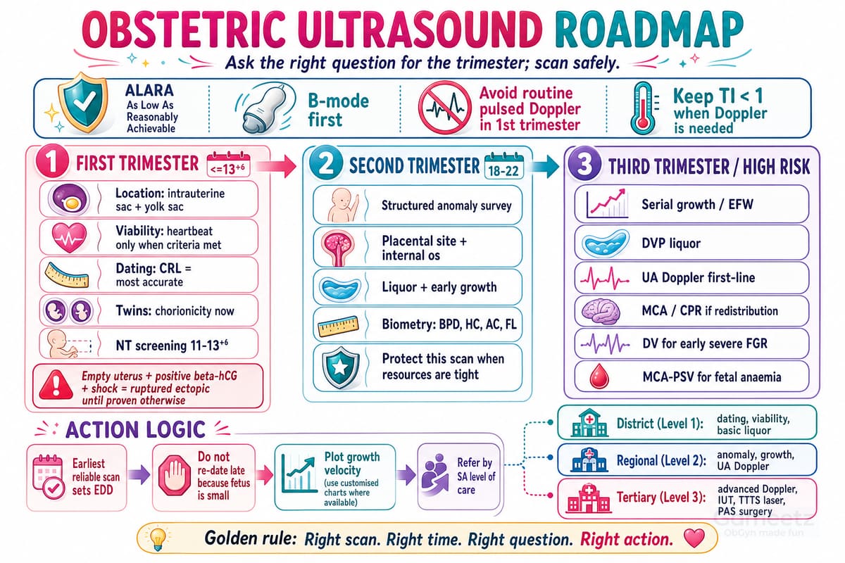 Obstetric ultrasound roadmap — the right question per trimester, scanned safely with ALARA