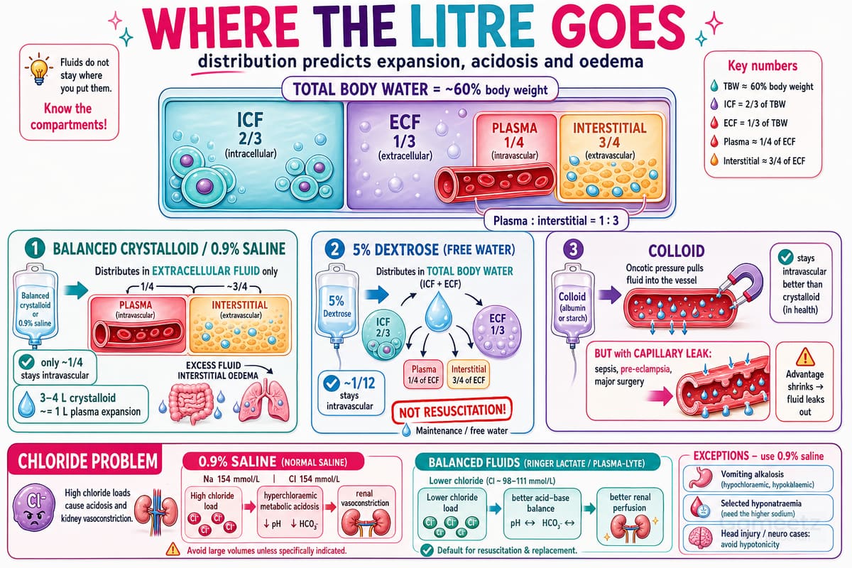 Body-fluid compartments and how crystalloid, 5% dextrose and colloid each distribute, with the chloride problem of saline