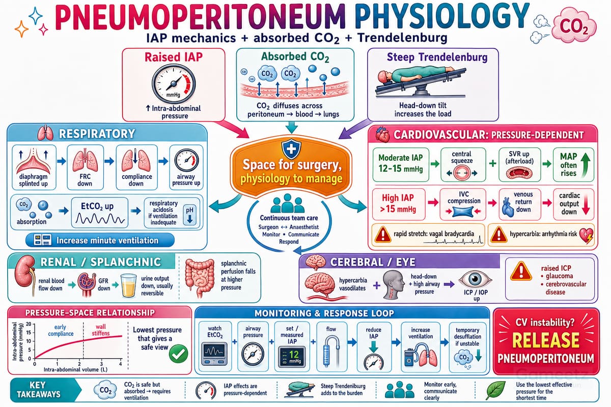 Pneumoperitoneum physiology — raised IAP, absorbed CO2 and Trendelenburg effects on each system