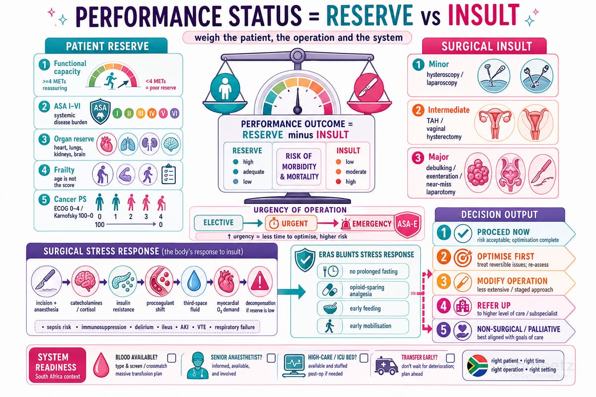 Performance status framed as physiological reserve minus surgical insult, weighing patient, operation and system