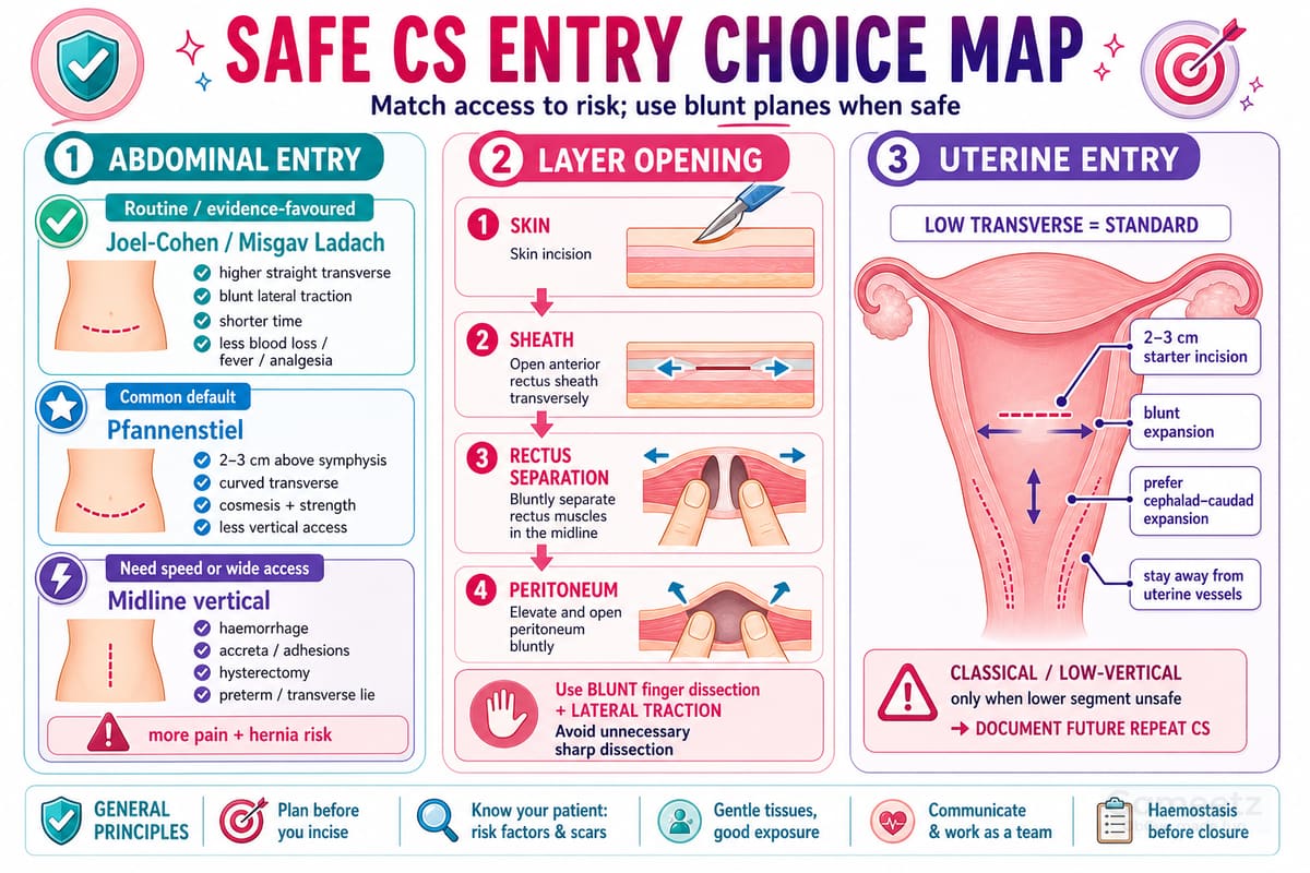 Safe CS entry choice map — abdominal entry options, layer opening, low-transverse uterine entry