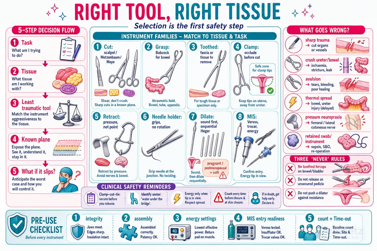 Instrument families matched to tissue and task with a 5-step selection flow and pre-use checklist