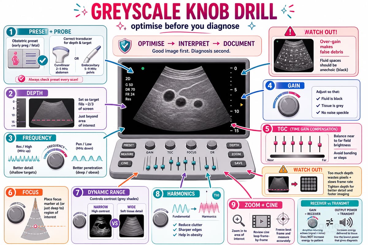 Greyscale knob drill — preset, depth, frequency, focus, gain, TGC, dynamic range and harmonics