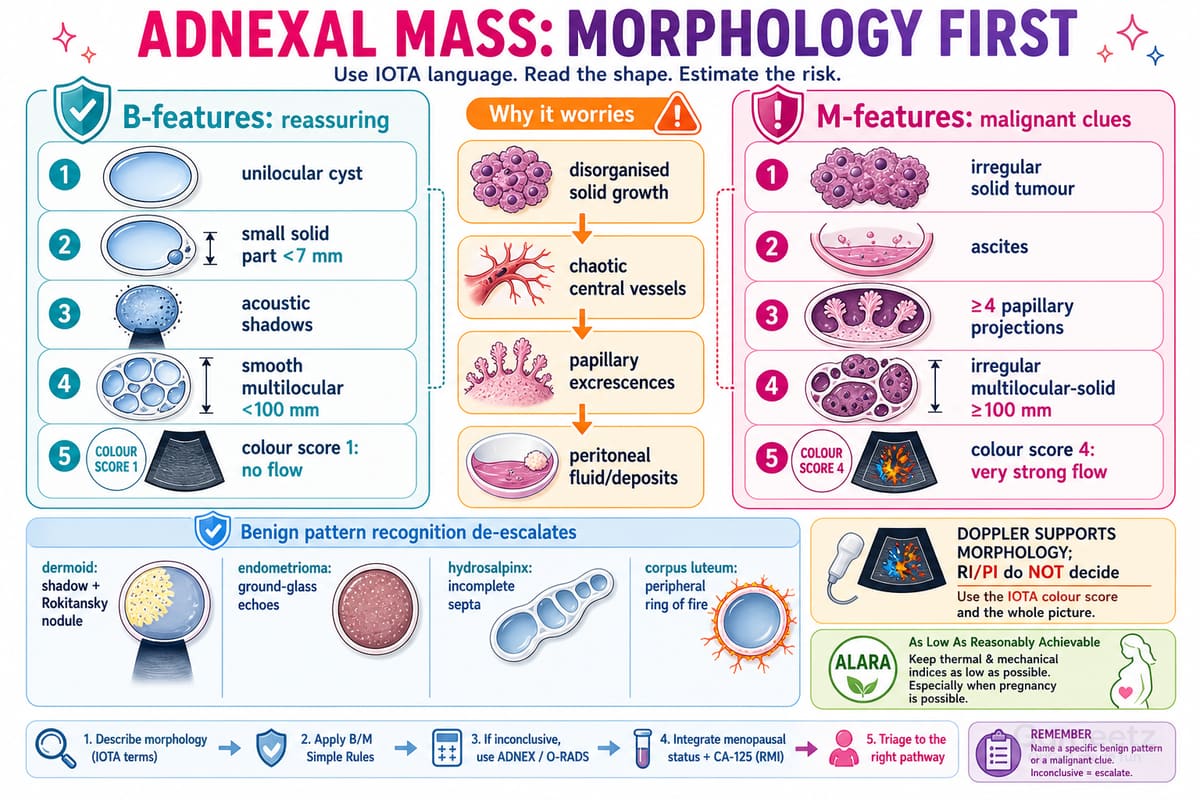 Adnexal mass morphology first — IOTA reassuring B-features vs malignant M-features and benign patterns