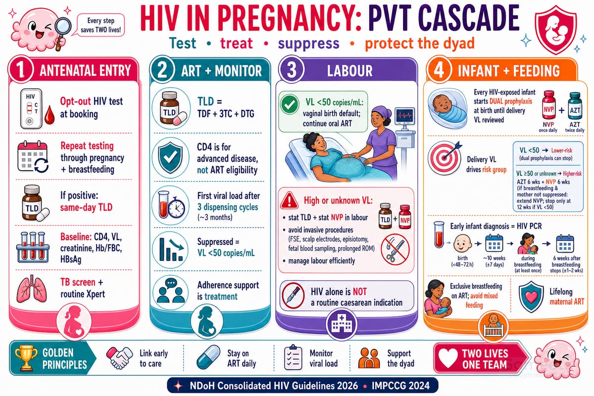 HIV-in-pregnancy PVT cascade — test, treat, suppress, protect the dyad