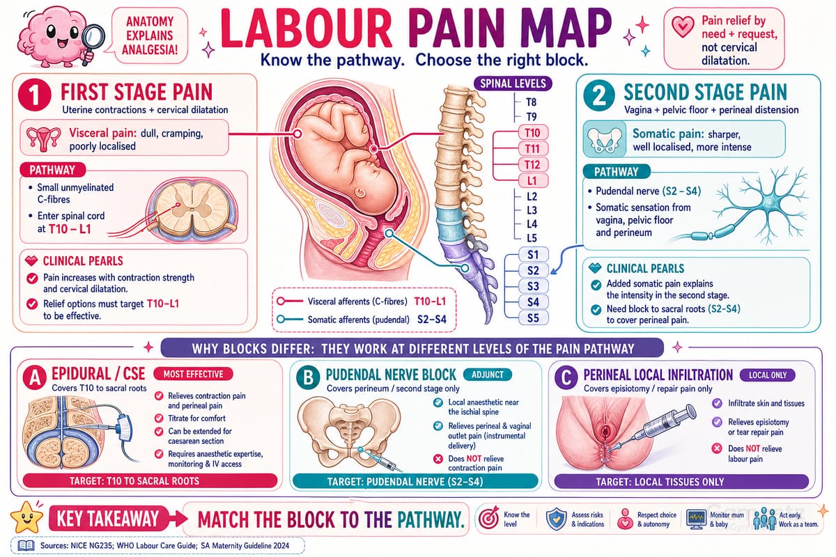 Labour pain map linking first-stage and second-stage pathways to analgesic blocks