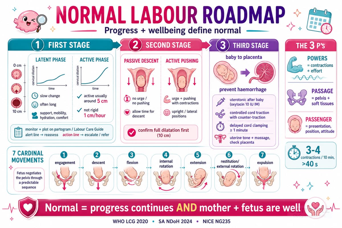 Normal labour roadmap — three stages, three P's, seven cardinal movements