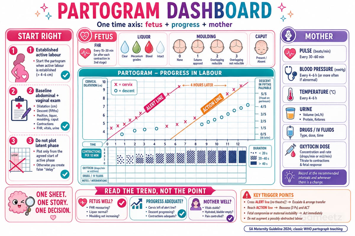 Partogram dashboard — one time axis recording fetus, progress and mother