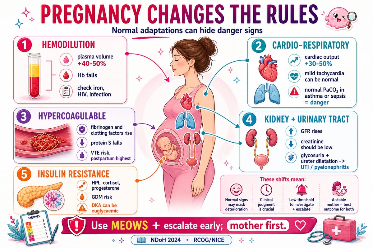 Pregnancy adaptations that change interpretation of common symptoms and tests