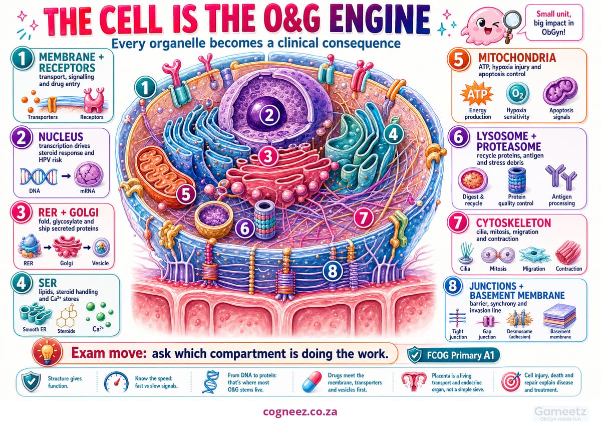 Cutaway cell with each organelle numbered to a panel linking it to its O&G clinical consequence