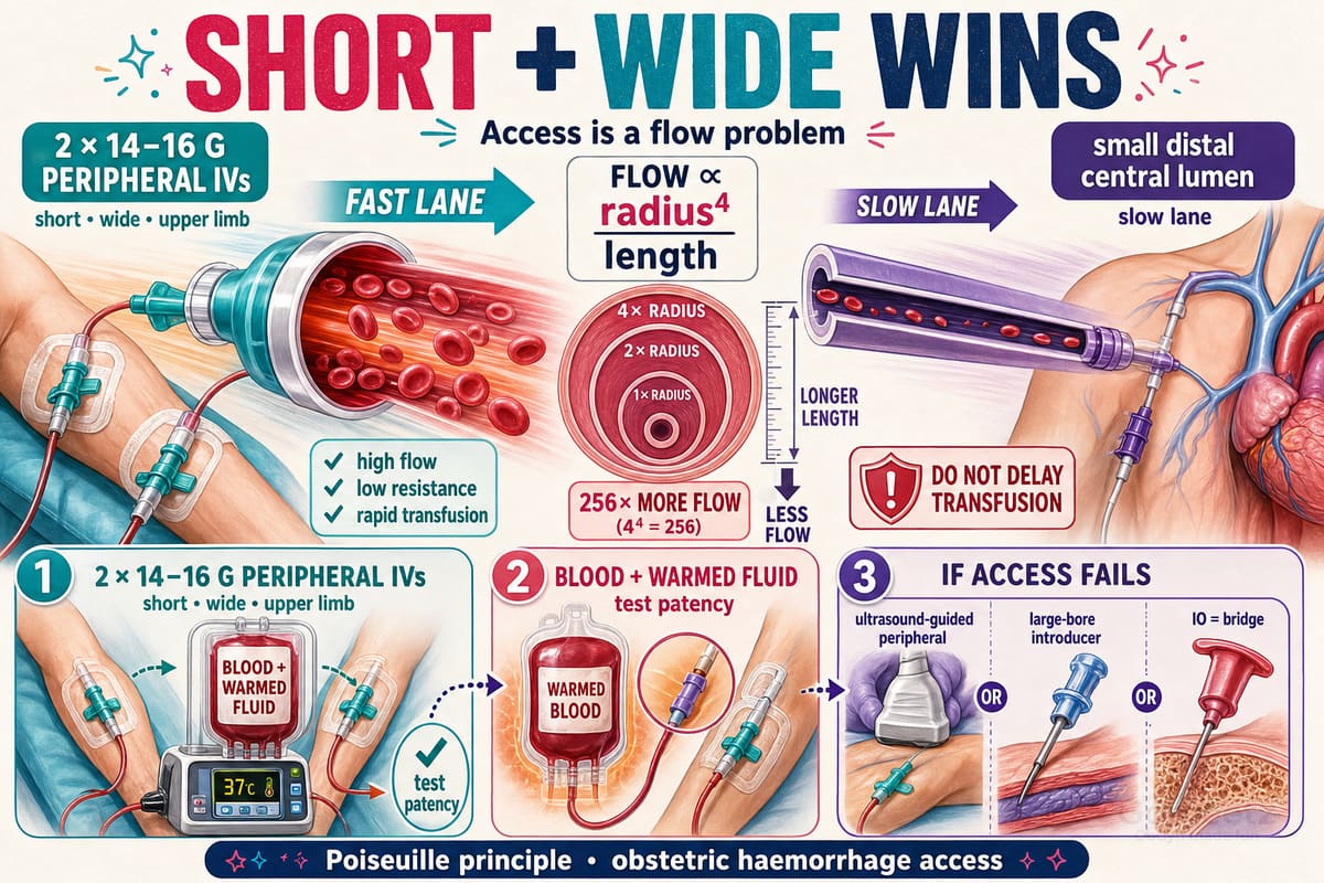 Short, wide vascular access provides faster haemorrhage resuscitation flow than a long, narrow lumen, with escalation options when peripheral access fails.