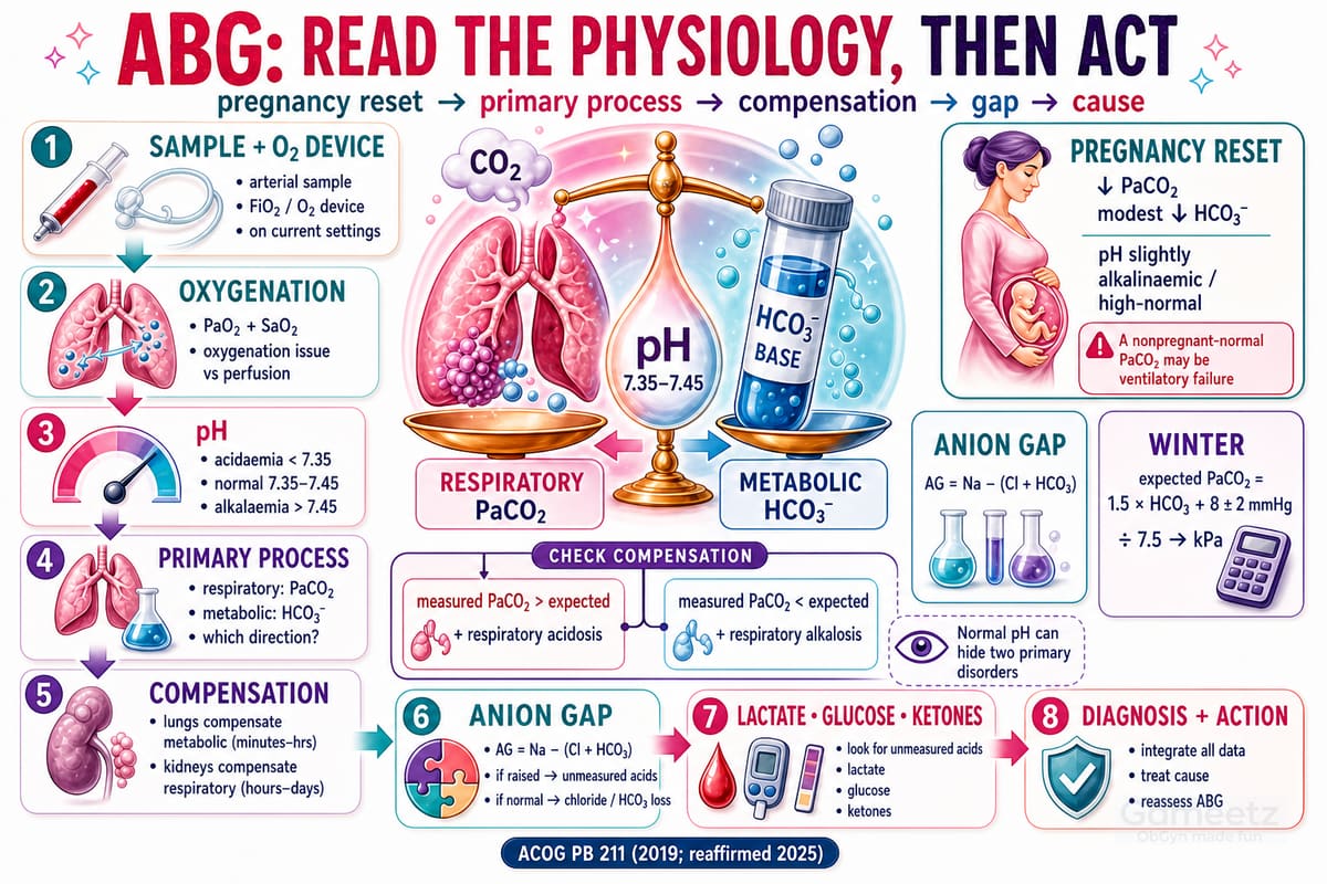 Pregnancy-aware arterial blood gas interpretation sequence with primary-process, compensation, Winter equation and anion-gap checks.