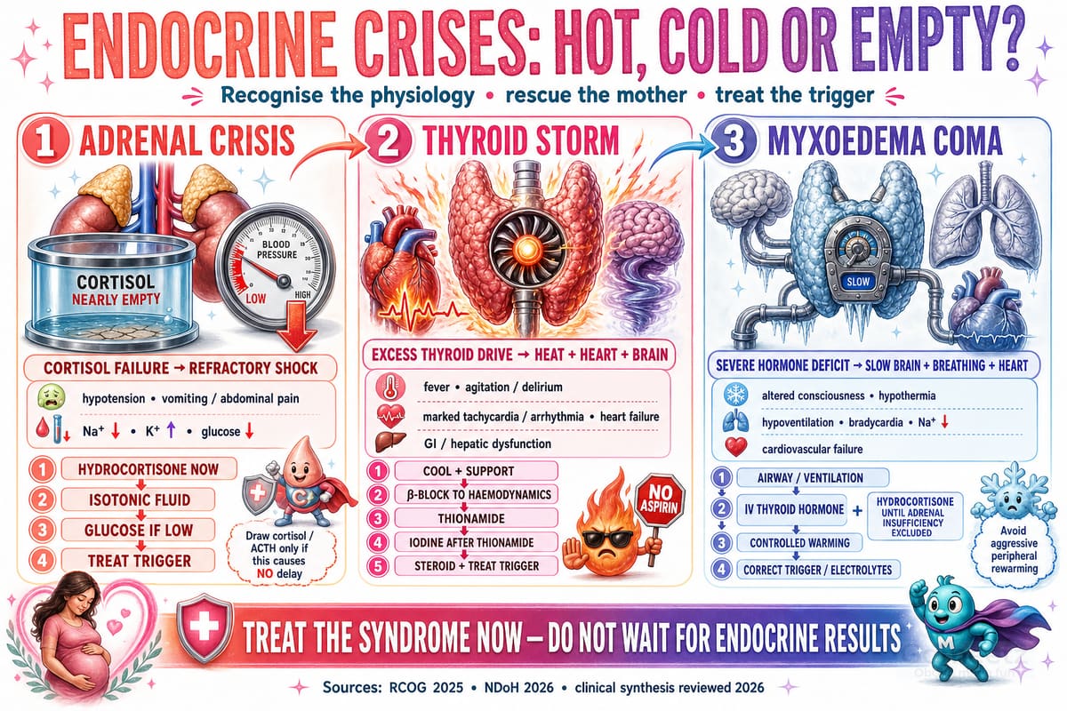 Three endocrine crises compared by mechanism, recognition pattern and correctly sequenced maternal rescue.