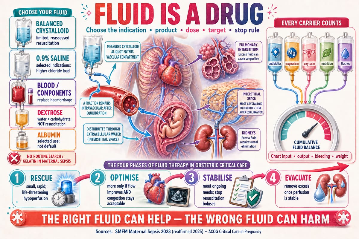 Fluid types, cumulative carrier volume and the four phases of fluid therapy in obstetric critical care.