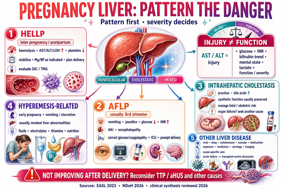 Pregnancy-associated liver injury patterned by timing, biochemical clues, organ-failure signals and disease-modifying action across HELLP, AFLP, intrahepatic cholestasis, hyperemesis-related injury and other liver disease.