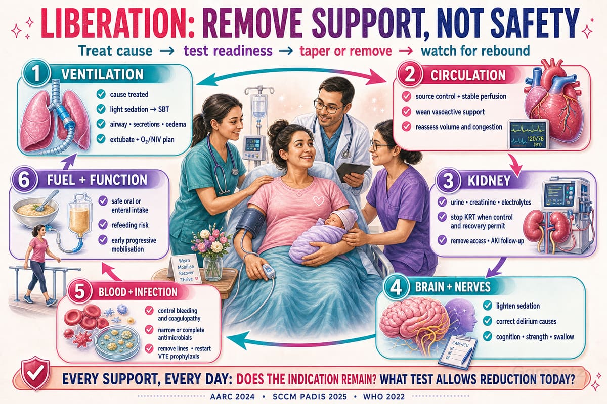 Organ-by-organ obstetric critical-care liberation cycle covering ventilation, circulation, kidney, neurological, haemostatic, infectious, nutritional and functional recovery.