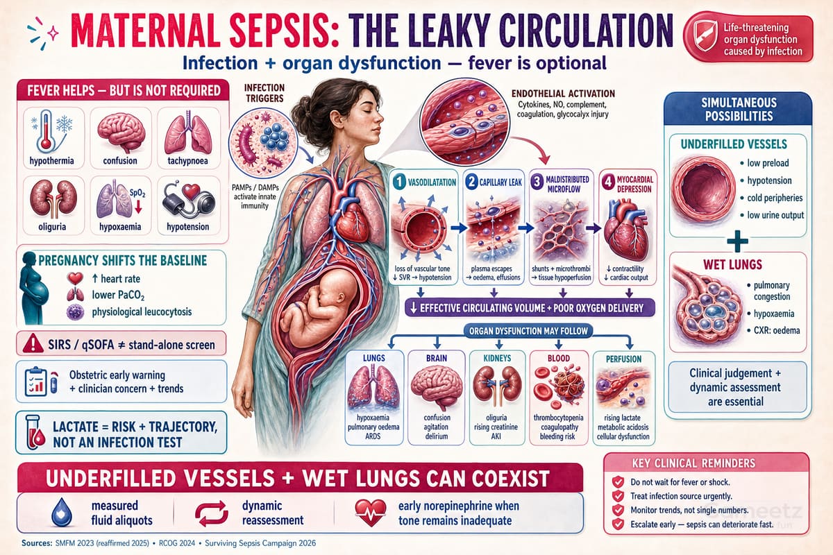 Maternal sepsis pathophysiology links infection-driven endothelial activation to vasodilatation, capillary leak, maldistributed microflow, myocardial depression and multi-organ dysfunction.