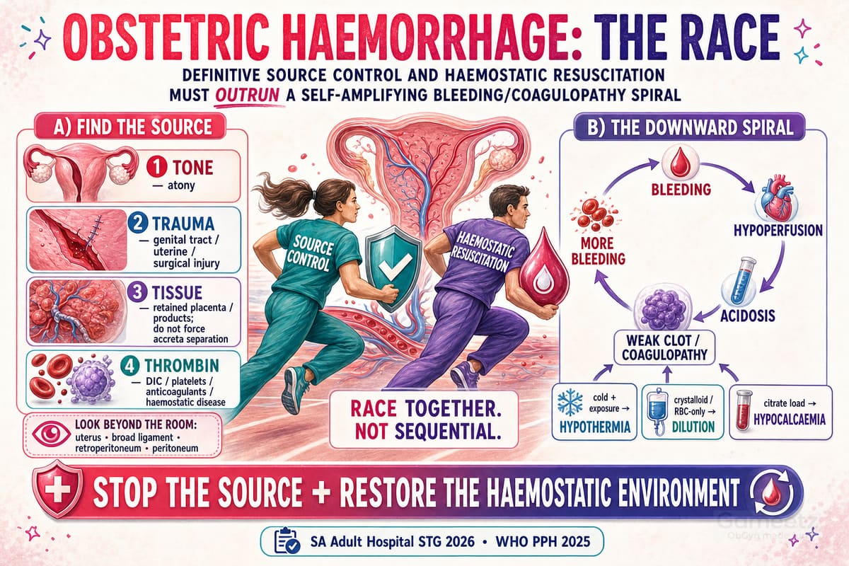 Major obstetric haemorrhage source control and haemostatic resuscitation racing the downward spiral of hypoperfusion, acidosis, hypothermia, dilution, hypocalcaemia and coagulopathy.