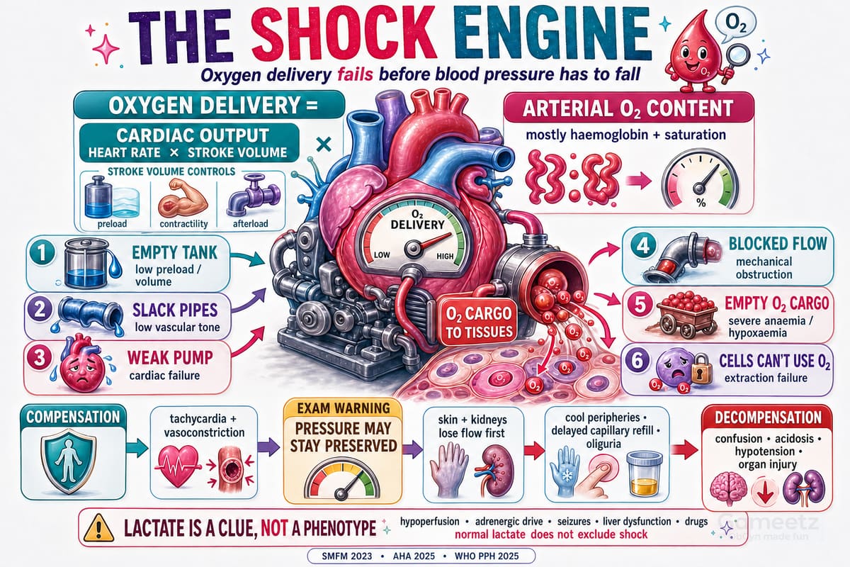 Oxygen delivery depends on cardiac output and arterial oxygen content, with six mechanisms of failure and a compensation-to-decompensation pathway.