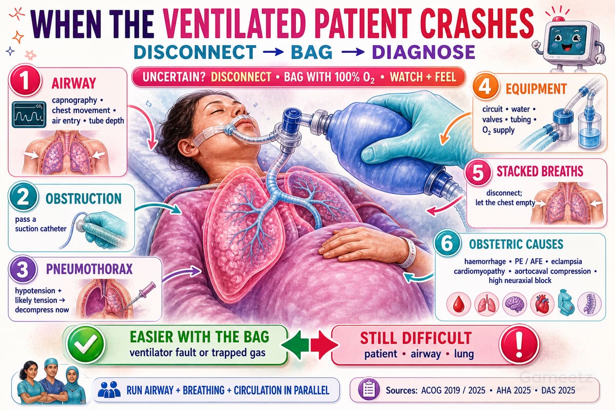 Disconnect-first ventilator emergency sweep covering airway, obstruction, pneumothorax, equipment, stacked breaths and obstetric causes, with bagging response used as a diagnostic clue.