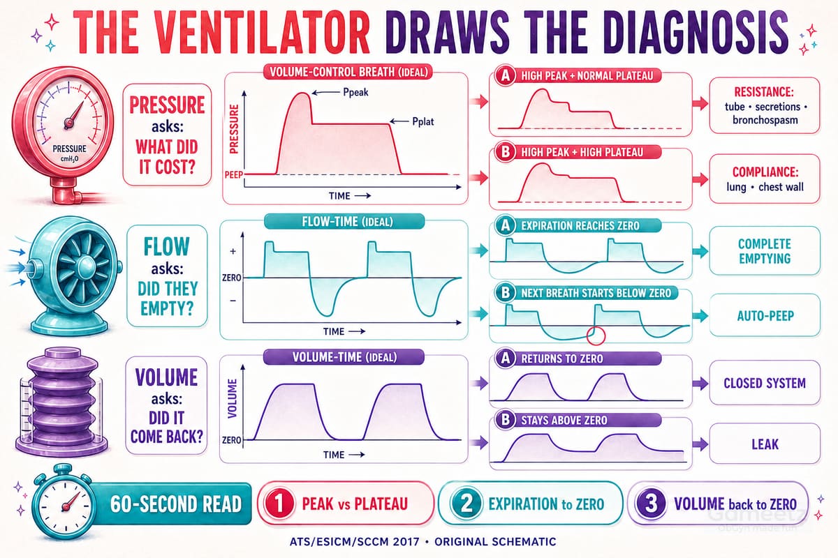 Ventilator waveform diagnostic atlas comparing peak and plateau pressure, complete and incomplete expiratory flow, and normal versus leaking volume traces.